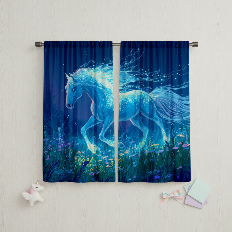 blue unicorn curtains - flat-lay