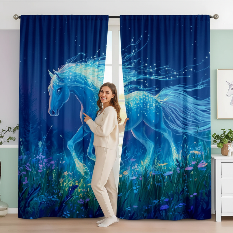 blue unicorn curtains - in-use