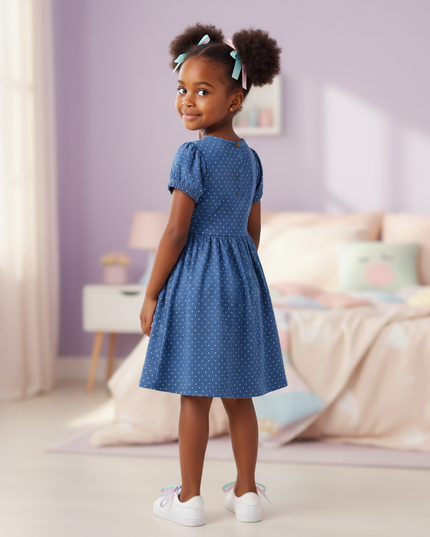 blue unicorn dot cotton dress girls - back