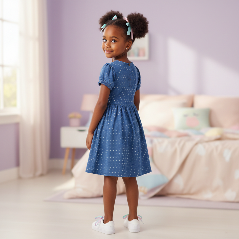 blue unicorn dot cotton dress girls - back