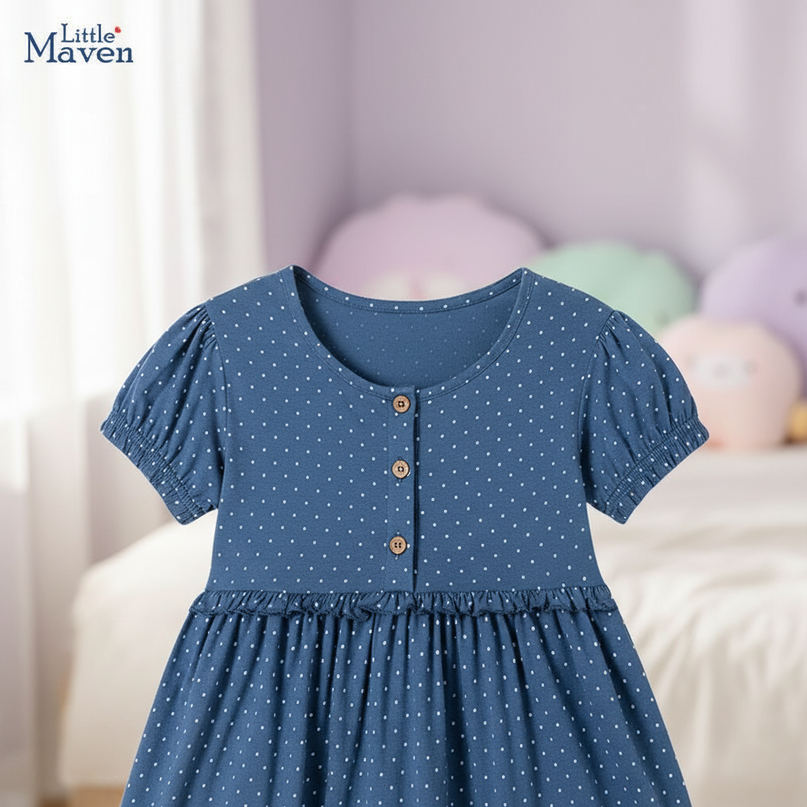 blue unicorn dot cotton dress girls - detail