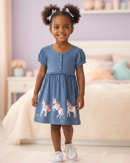blue unicorn dot cotton dress girls - front