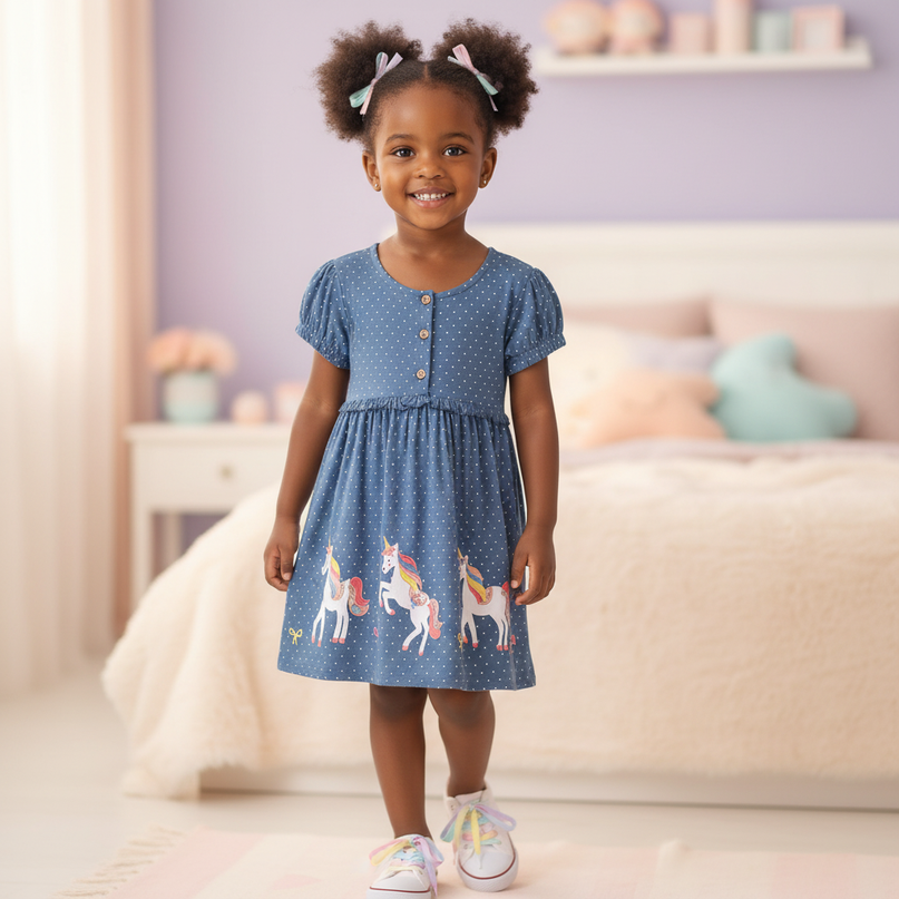 blue unicorn dot cotton dress girls - front