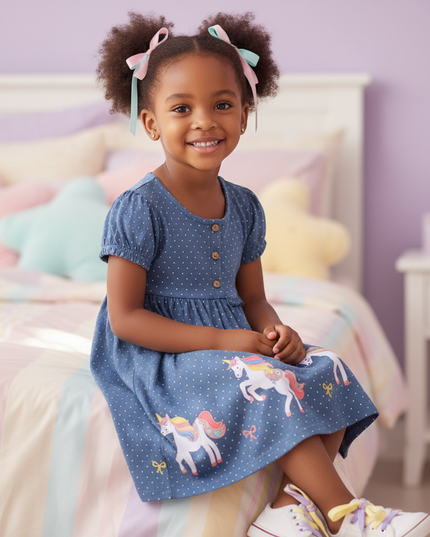 blue unicorn dot cotton dress girls - sitting