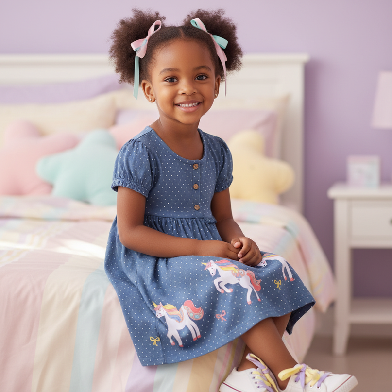 blue unicorn dot cotton dress girls - sitting