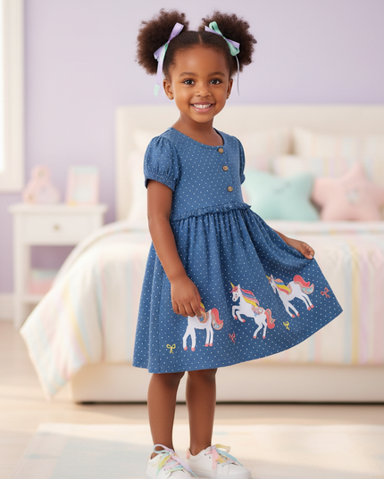 blue unicorn dot cotton dress girls - three-quarter