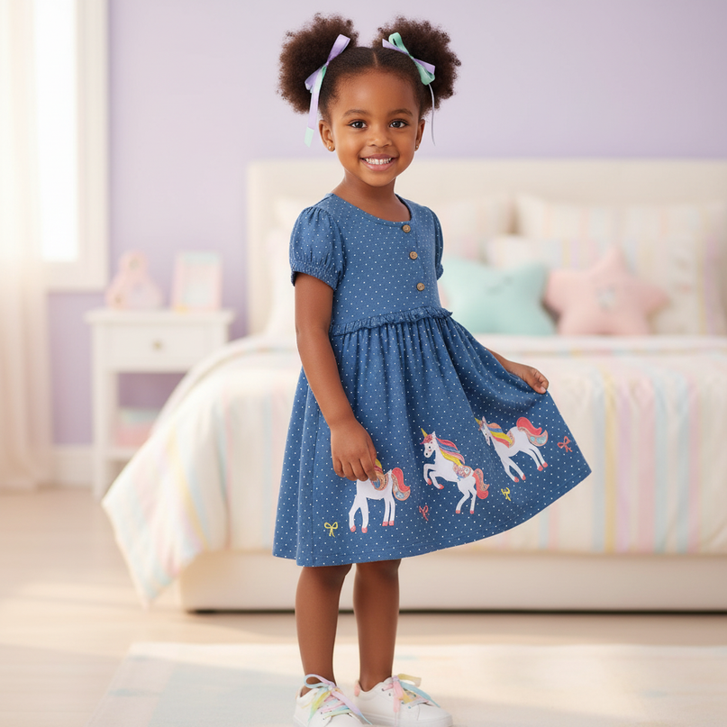 blue unicorn dot cotton dress girls - three-quarter