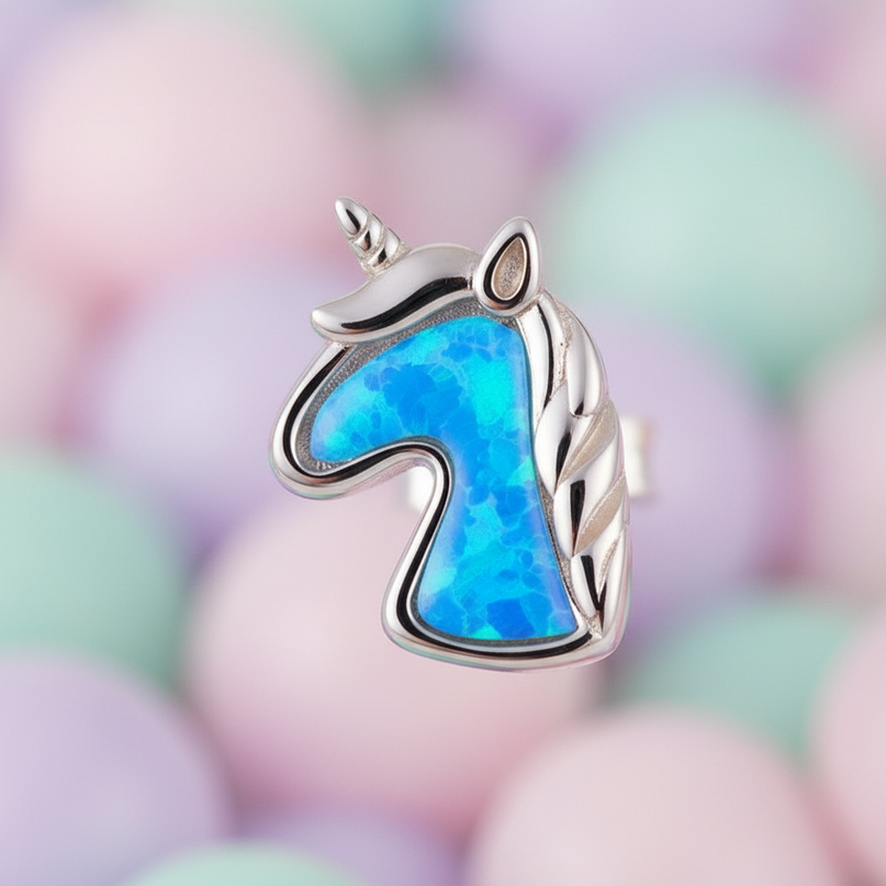 blue unicorn earrings - detail