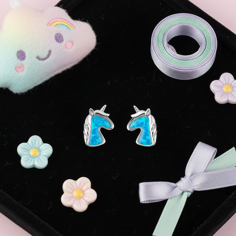 blue unicorn earrings - flat-lay