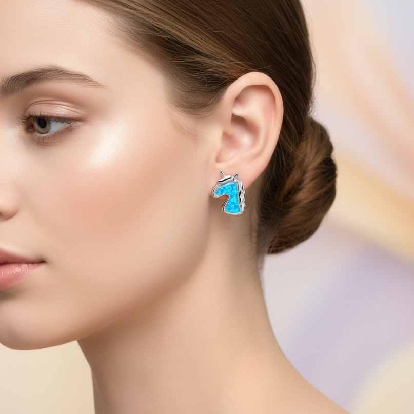 blue unicorn earrings - in-use