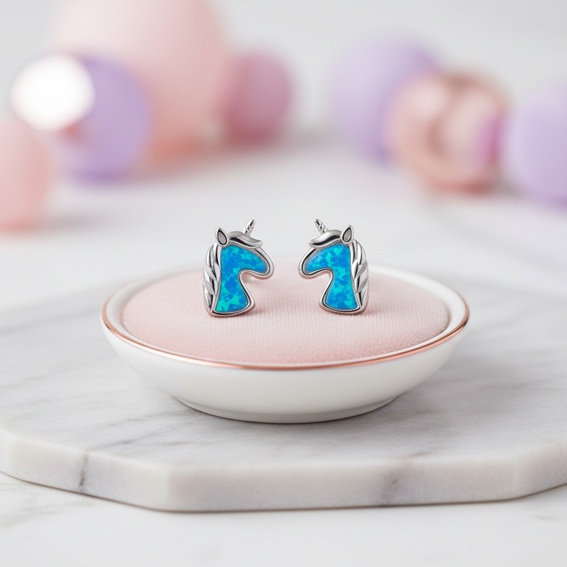 blue unicorn earrings - lifestyle