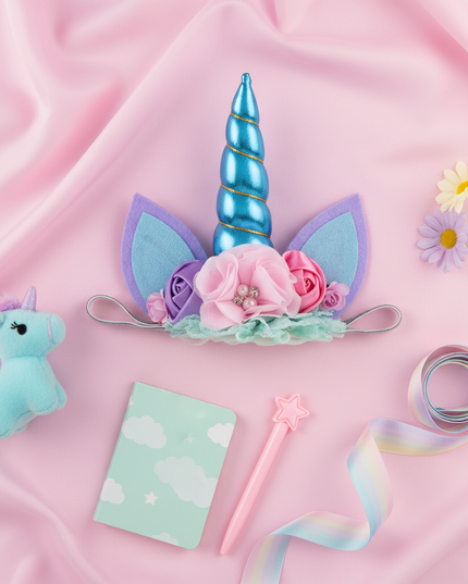 blue unicorn floral headband - flat-lay