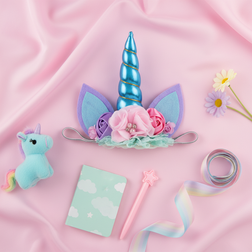 blue unicorn floral headband - flat-lay