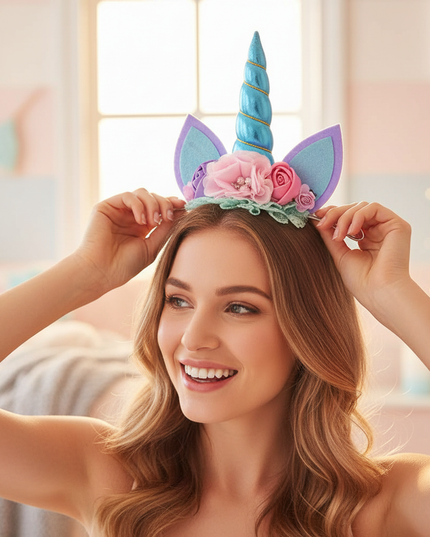blue unicorn floral headband - in-use