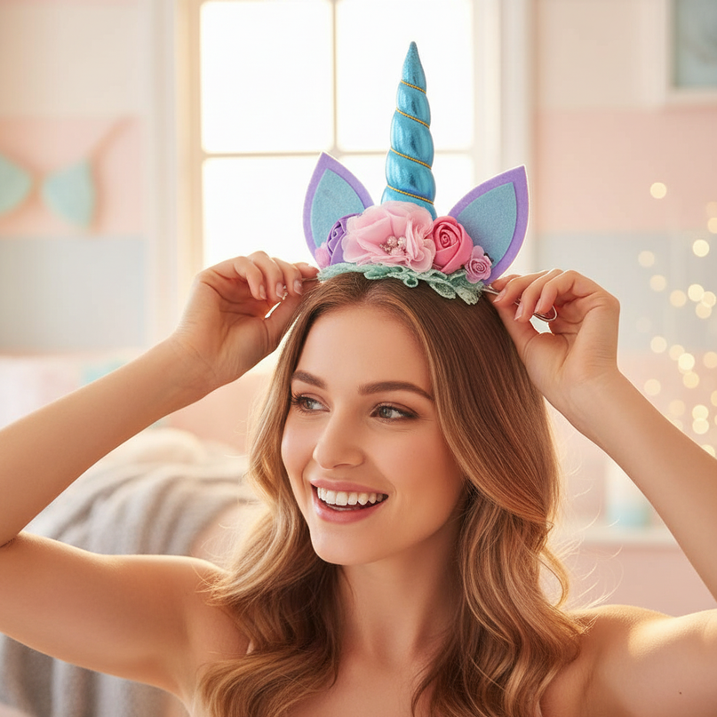 blue unicorn floral headband - in-use