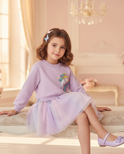 blue unicorn flower girl dress - sitting