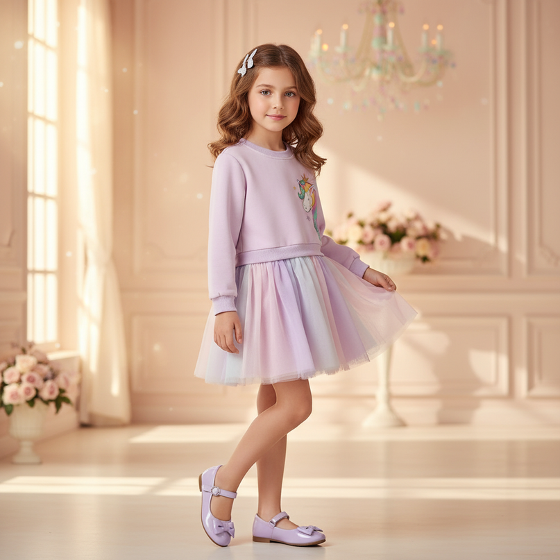 blue unicorn flower girl dress - three-quarter