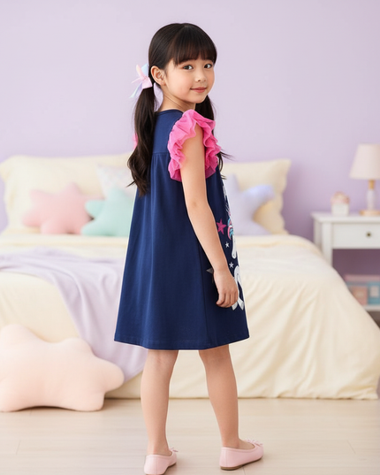 blue unicorn flutter sleeve dress girls - back