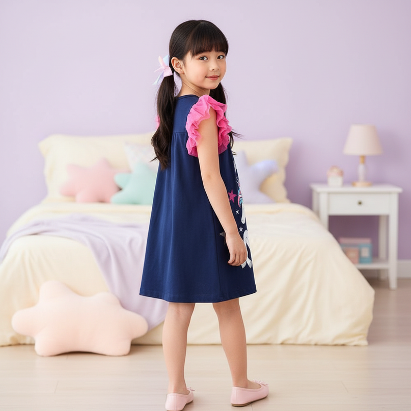 blue unicorn flutter sleeve dress girls - back