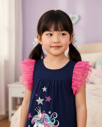blue unicorn flutter sleeve dress girls - detail