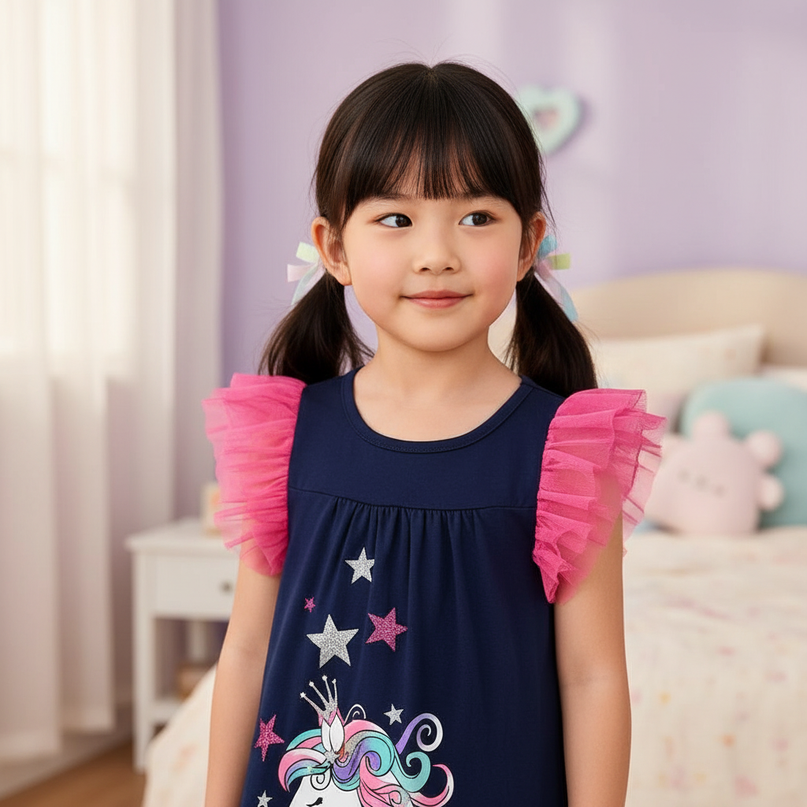 blue unicorn flutter sleeve dress girls - detail