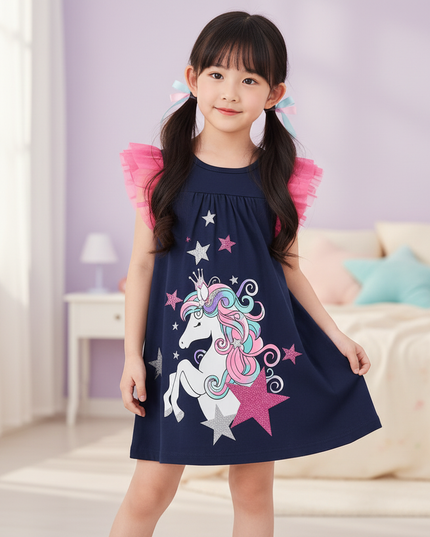blue unicorn flutter sleeve dress girls - front