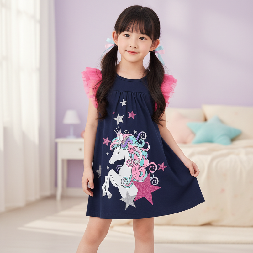 blue unicorn flutter sleeve dress girls - front