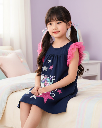 blue unicorn flutter sleeve dress girls - sitting