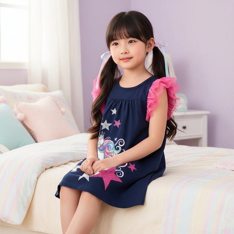 blue unicorn flutter sleeve dress girls - sitting