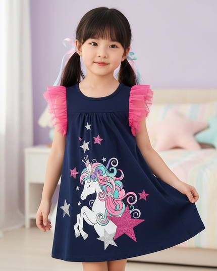 blue unicorn flutter sleeve dress girls - three-quarter