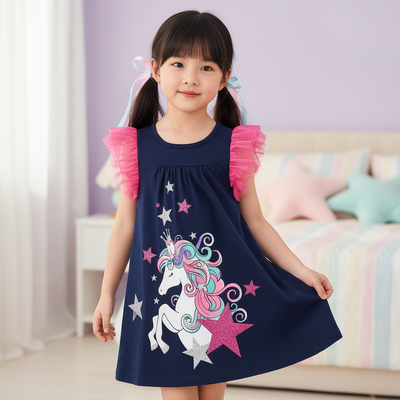blue unicorn flutter sleeve dress girls - three-quarter