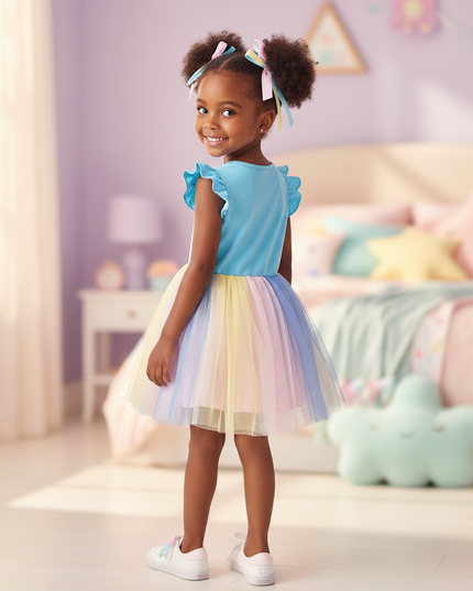 blue unicorn flutter sleeve tutu dress - back