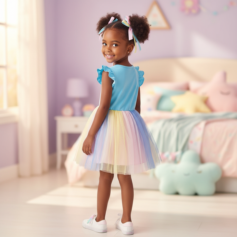 blue unicorn flutter sleeve tutu dress - back