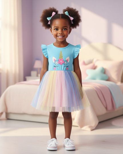blue unicorn flutter sleeve tutu dress - detail