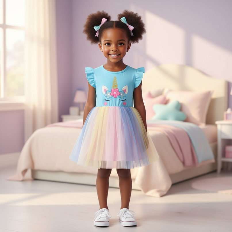 blue unicorn flutter sleeve tutu dress - detail