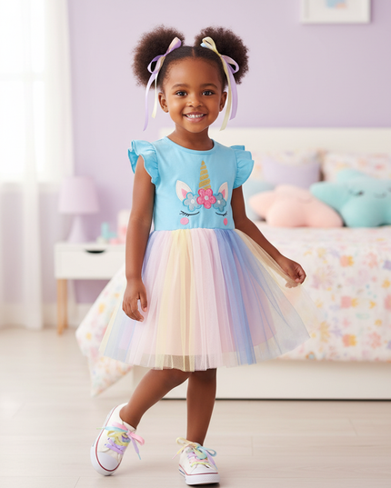blue unicorn flutter sleeve tutu dress - front