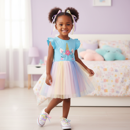 blue unicorn flutter sleeve tutu dress - front
