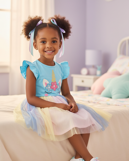 blue unicorn flutter sleeve tutu dress - sitting
