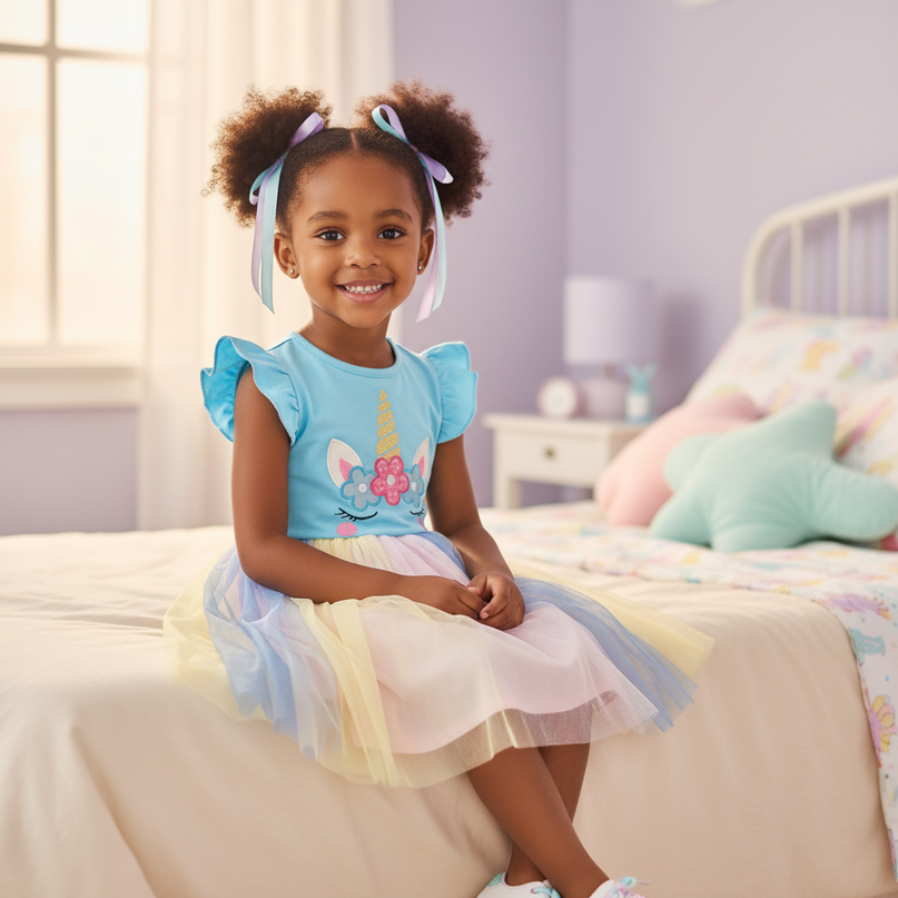 blue unicorn flutter sleeve tutu dress - sitting