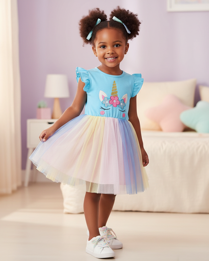 blue unicorn flutter sleeve tutu dress - three-quarter