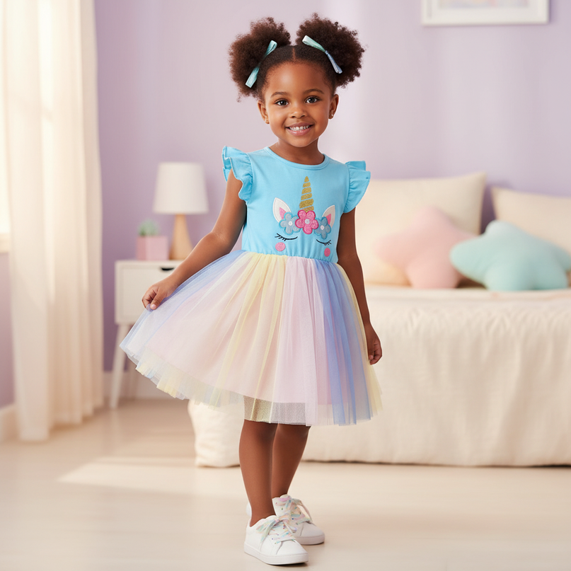 blue unicorn flutter sleeve tutu dress - three-quarter