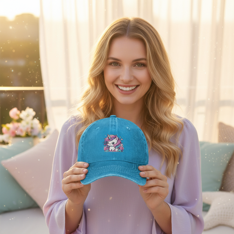 blue unicorn hat - in-use