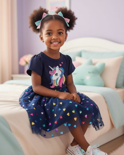 blue unicorn heart dress - sitting