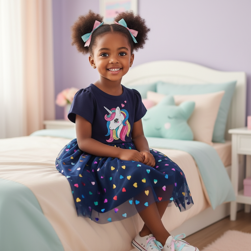 blue unicorn heart dress - sitting