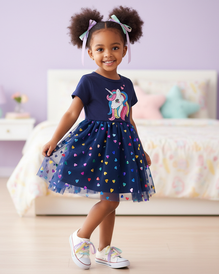 blue unicorn heart dress - three-quarter