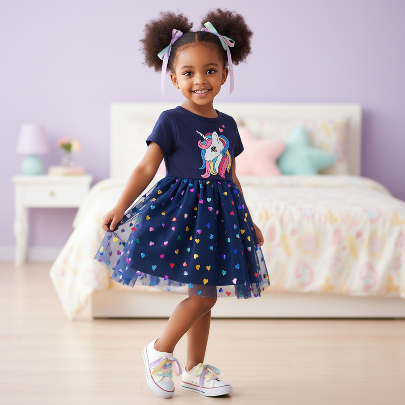 blue unicorn heart dress - three-quarter