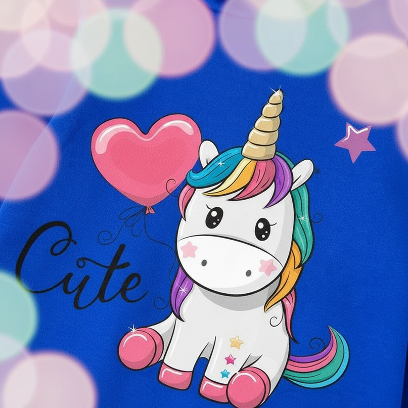 blue unicorn heart hoodie kids - detail