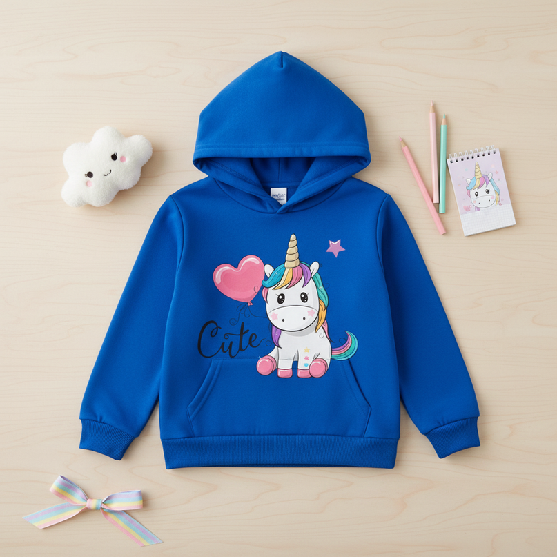blue unicorn heart hoodie kids - flat-lay