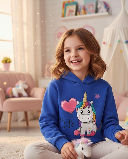 blue unicorn heart hoodie kids - in-use