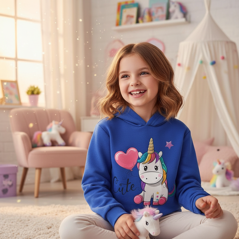 blue unicorn heart hoodie kids - in-use